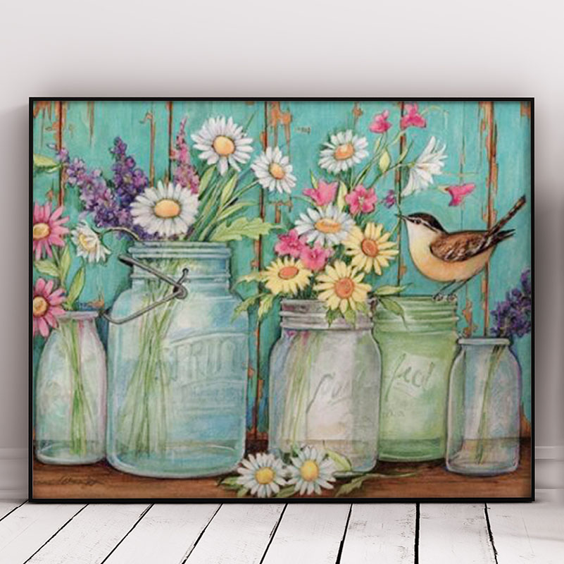 Flowers in Vase And Sparrow