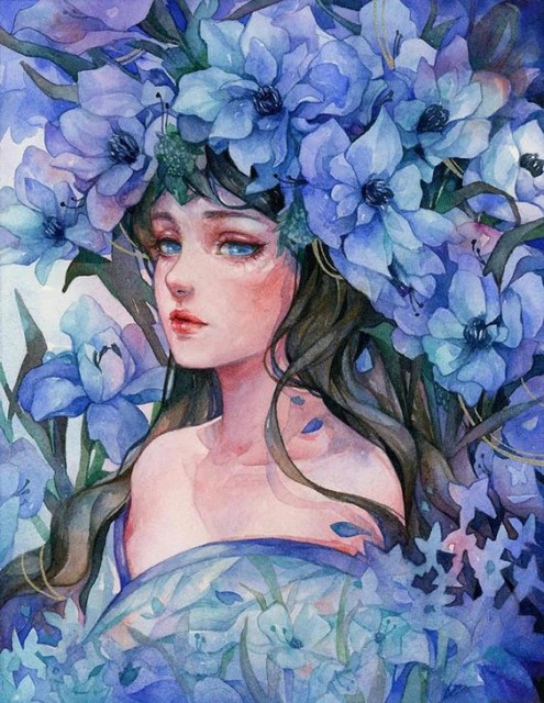 Blue Flowers and Girl