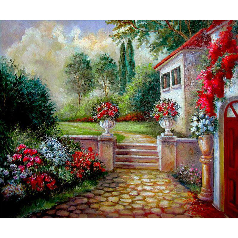 Beautiful House And Red Flower