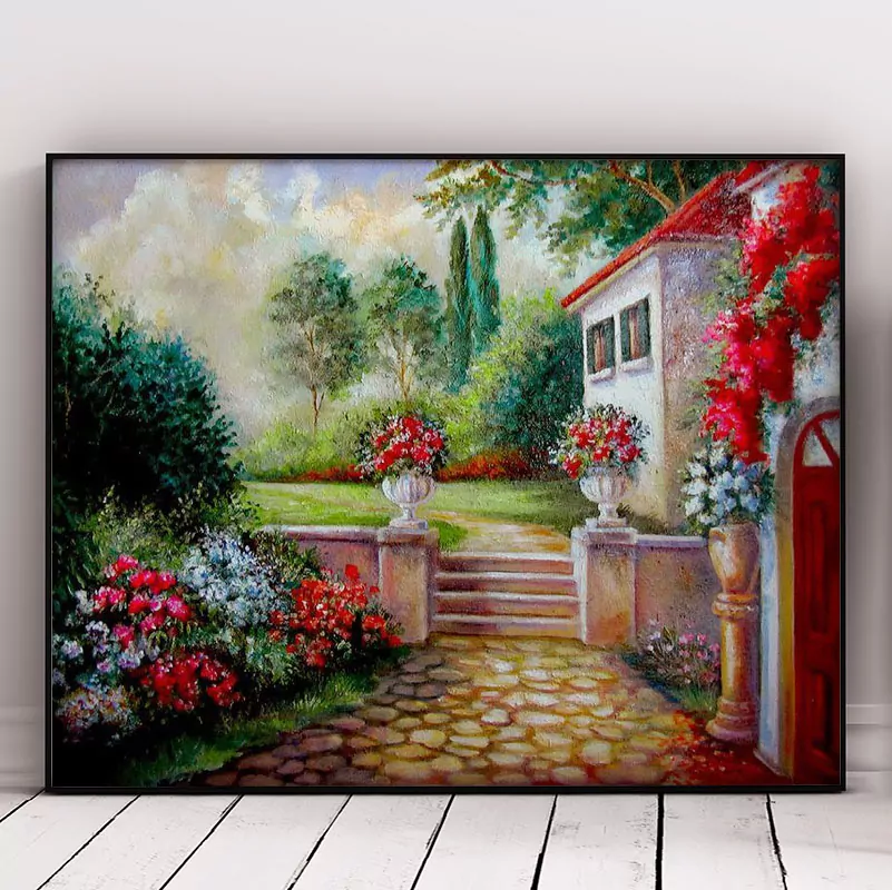 Beautiful House And Red Flower