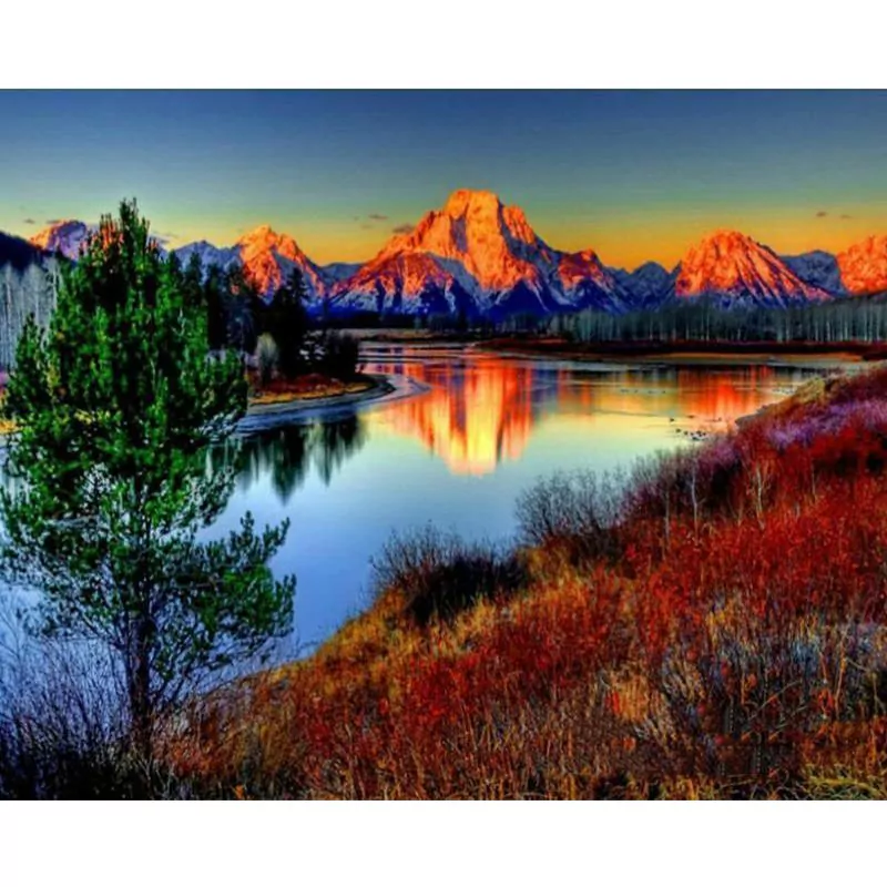 Mountains with Water And Sunset