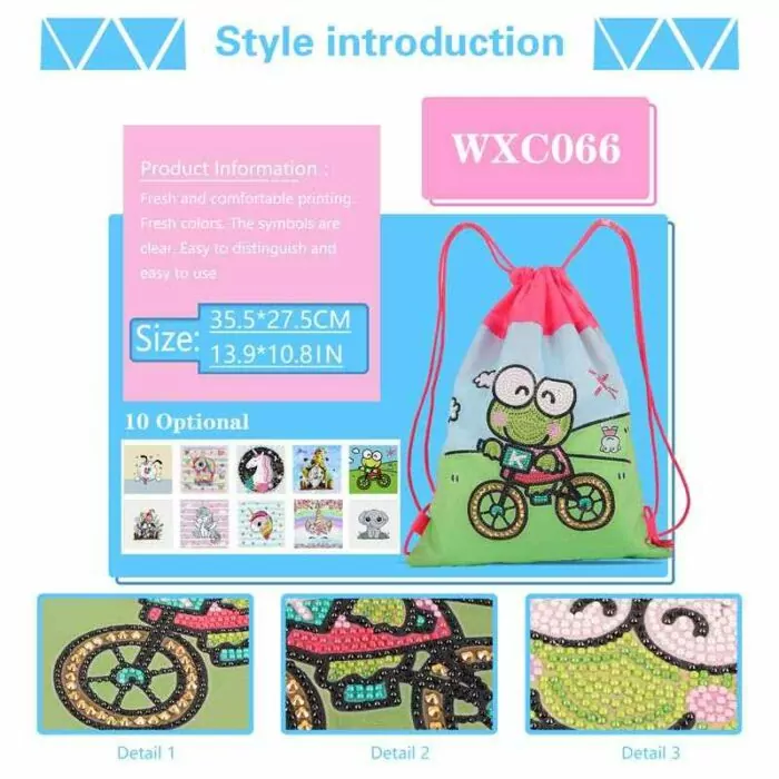 Kikker op Fiets - Diamond Art Tas - Afbeelding 3