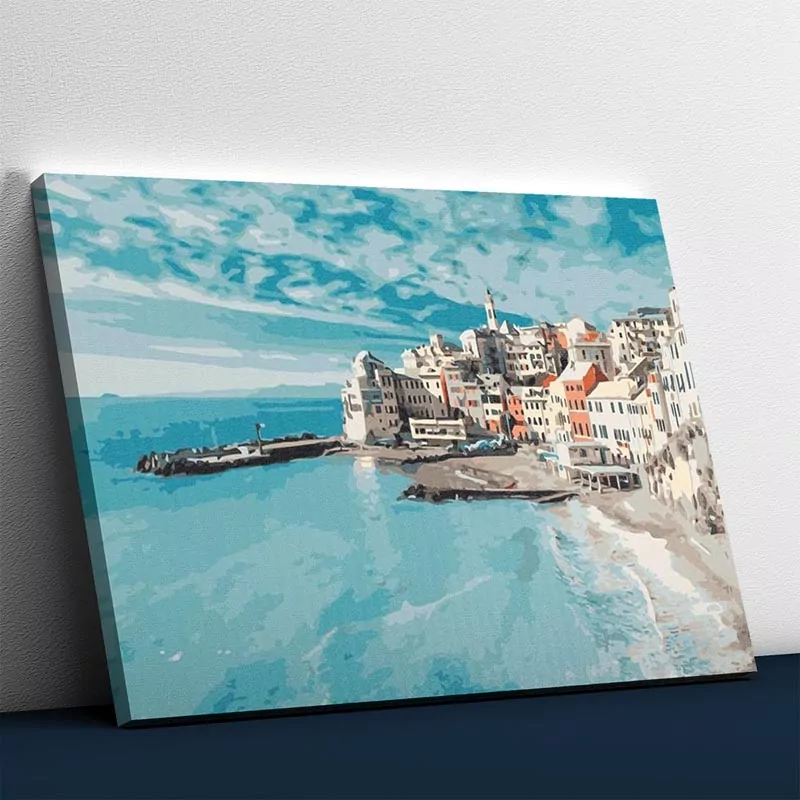 Blauw strand en stad